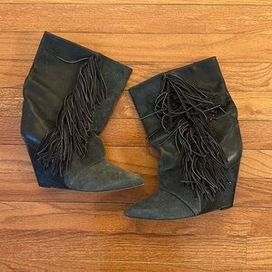 Isabele Marant Anthracite Calf Leather And Suede Mony Fringe Boots Size 39